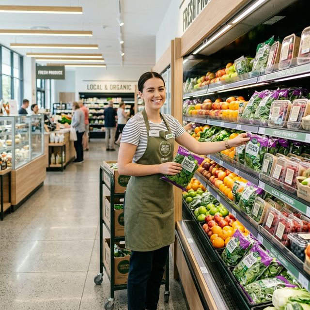 Professional staff member stocking shelves